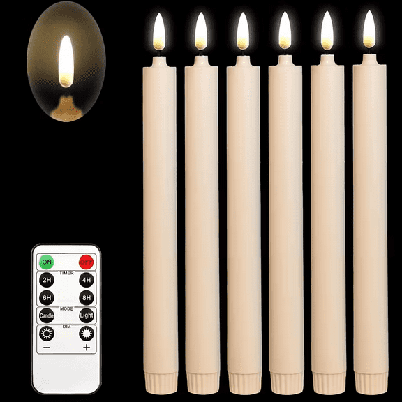 6 Pack Flameless White Taper Candles - 10-Key Remote, Battery Operated LED for Home Wedding Decor