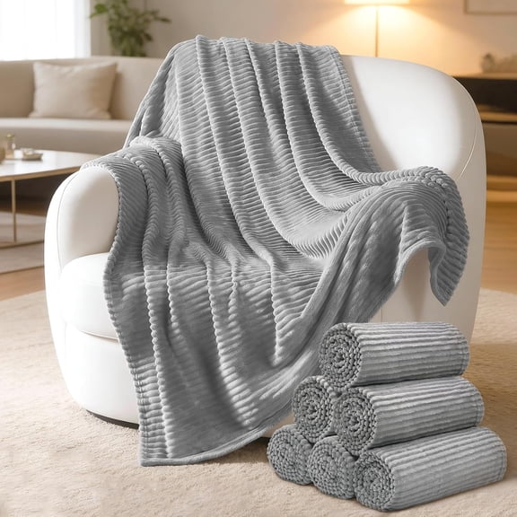 6-Pack Flannel Fleece Throw Blanket, 50x60 Inches Jacquard Boho Blanket, Oeko-TEX Certified Lightweight Soft Bulk in Blankets for Couch Bed Sofa Travel, Wedding Gifts, Donation Homeless (Gray)