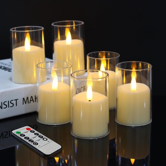 6 Pack Flickering Flameless Votive Candles with Timer and Remote, Operated Long Lasting 300+ Hours, Small Pillar LED Candles for Wedding Decor, Shell, 2" x 3"