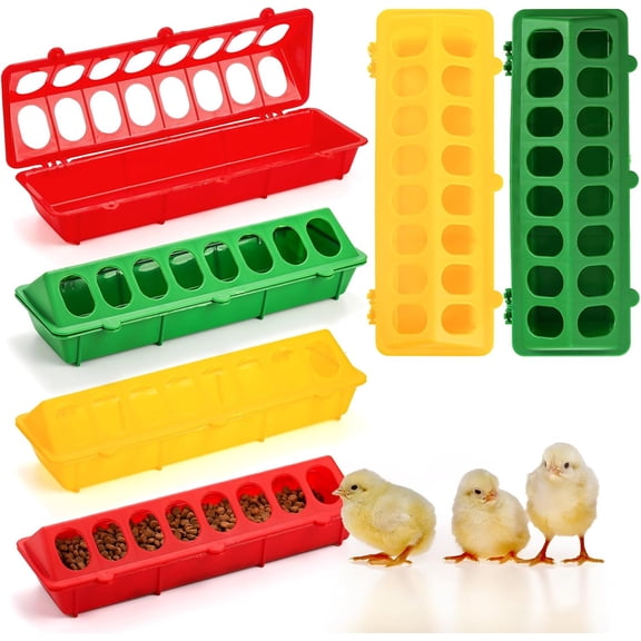 6 Pack Flip Top Poultry Feeder, Plastic Chicken Feeder Trough Multi-Hole Poultry Feeding Tray No Mess No Waste Chick Feeding Dispenser for Pigeon, Quails, Duckling Birds, Duck, Chicken