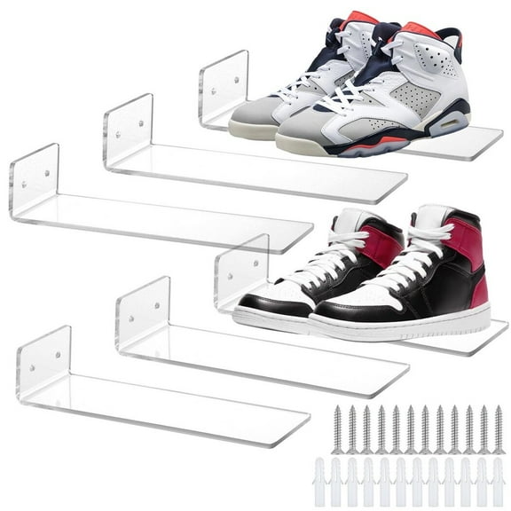 6 PCS Floating Shoe Display Shelves, Clear Acrylic Sneaker Shelves, Floating Sneaker Display Shelves, Wall-Mounted Shoe Organizer Racks with Screws and Expansion Pipes