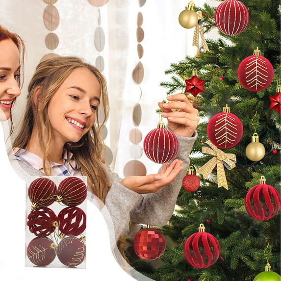 6-Pack Flocked Christmas Ornaments - 6cm Red Velvet Hanging Balls for Tree Decor (Lightweight & Shatterproof)
