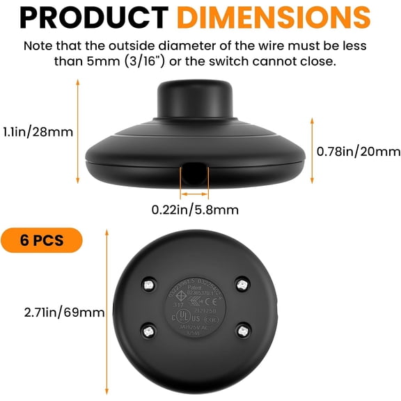 6-Pack Floor Lamp Pedal Switch | Black Round Inline Foot Control On/Off Replacement | Durable Step Spring Push Button for Christmas Tree & Lighting Parts