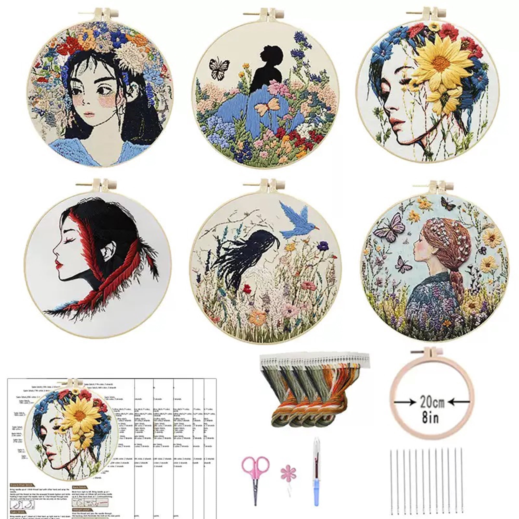 6‑Pack Flower Girl Embroidery Kits for Beginners DIY Floral Cross Stitch Set with Hoops and Threads Gift for Room Decor Tote or Apparel