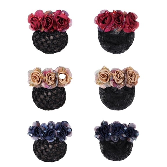 6-Pack Flower Hair Bun Cover Nets, Elastic Floral Snoods, Strong Clip for Dance & Sports, Women