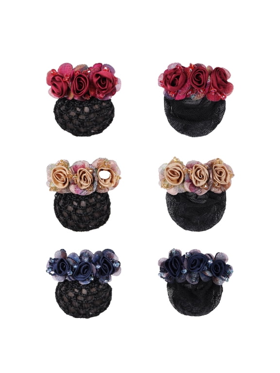 6-Pack Flower Hair Bun Cover Nets, Elastic Floral Snoods, Strong Clip for Dance & Sports, Women