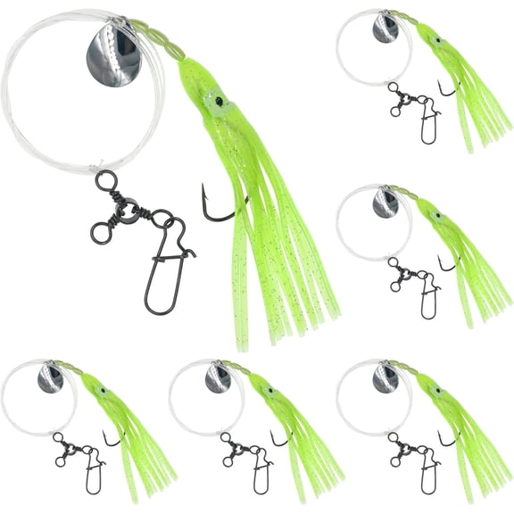 6-Pack Fluke Rigs for Summer Flounder - Hand-Tied Saltwater Fishing Rigs with 3/0 Kahle Hooks, 36" 50lb Mono Leader, Fluorescent Green Squid Skirt & Spinner Blade
