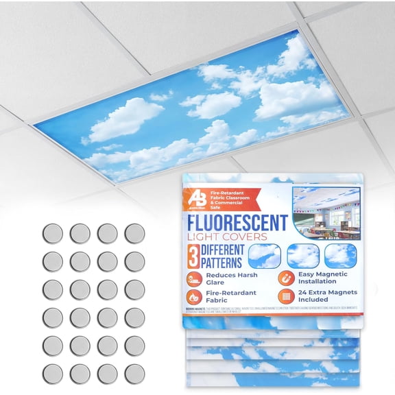 6 Pack Fluorescent Light Covers for Ceiling Lights Magnetic Classroom Light Covers with 24 Extra Magnets, 3 Cloud Sky Patterns, Fire-Retardant Fabric, 4x2 Ft for Office, School, Hospital
