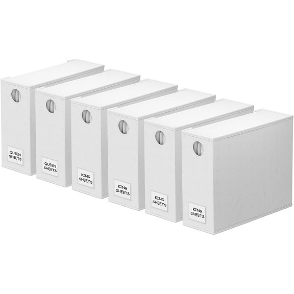 6 Pack Foldable Bed Sheet Organizers with Front Window for Queen and King Size Bedding Storage White