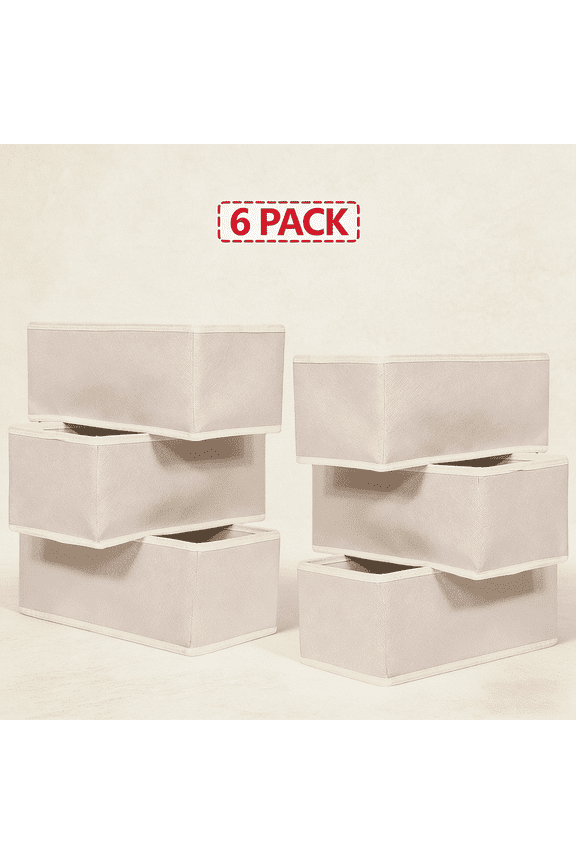 6 Pack Foldable Cloth Storage Box Closet Dresser Drawer Organizer Fabric Baskets Bins Containers Divider for Clothes Underwear Bras Socks Lingerie Clothing,Beige 060