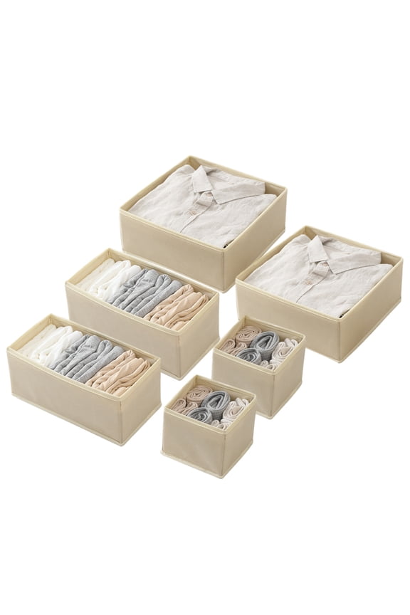 6 Pack Foldable Cloth Storage Box Closet Dresser Drawer Organizer Fabric Baskets Bins Containers Divider For Clothes Underwear Bras Socks - Beige