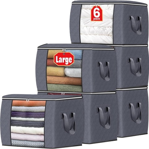 6-Pack Foldable Fabric Storage Bags, 24 Gallons Clothes Storage Containers with Handles for Bedroom Closet and Blanket Organization, Grey