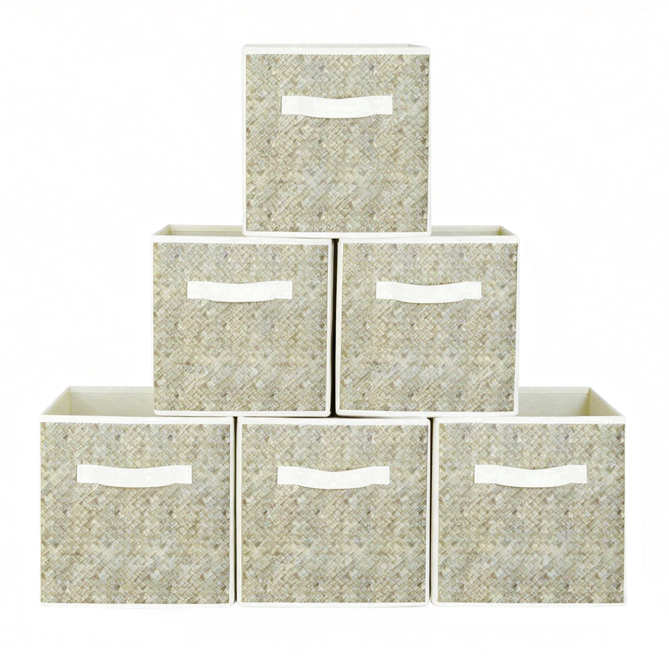 6 Pack Foldable Fabric Storage Cubes 11 inch, Rattan Printed Organizer Boxes with Handles, Collapsible Storage Baskets for Organizing Closet Bins