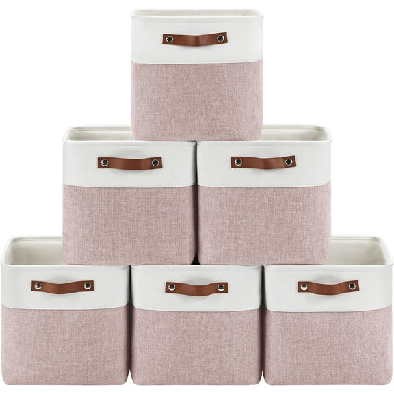 6-Pack Foldable Fabric Storage Cubes 11x11 Inch, Sturdy Cube Organizer Bins with Leather Handles, Storage Baskets for Closet Shelves and Home Organization(White/Pink)
