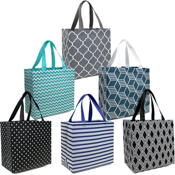 6-Pack Foldable  Grocery Bags - Large Cloth Tote Bag with Handles, Bulk Shopping- Bags in Geometric Design, Shopping Baskets, Utility   for Groceries