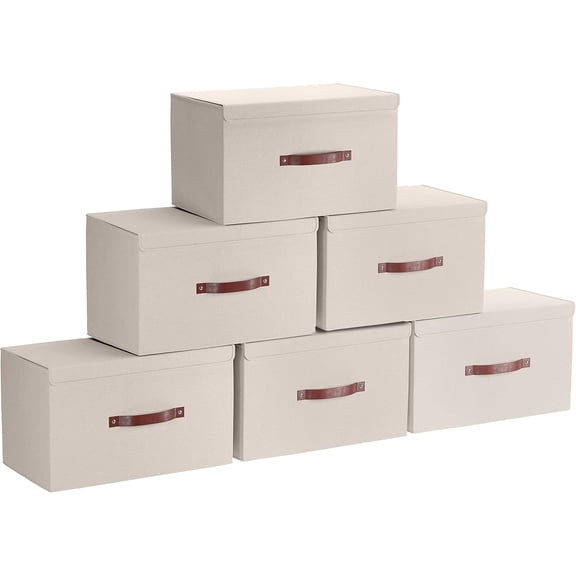 6-Pack Foldable Linen Storage Bins with Flip-Top Lids, Beige, 16.5 x 11.8 x 7.5 Inches, Modern Rectangular Design