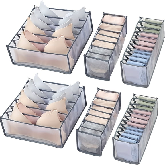 6-Pack Foldable Mesh Underwear Drawer Organizer, 6/7/11-Cell Bra Sock Closet Storage Box, Odorless Fabric Divider for Ties, Scarves, Clothing | Space-Saving for Bedroom, Laundry, Bathroom
