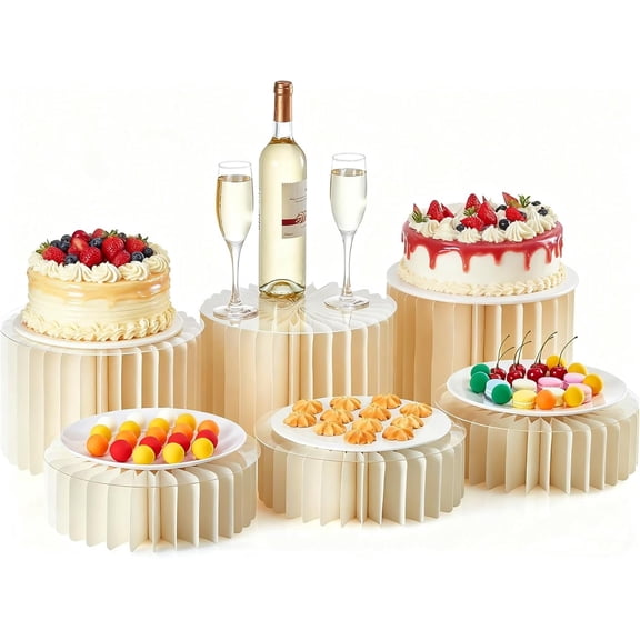6-Pack Foldable Multi-Height Buffet Risers - 12" White Cardboard Cylinder Stands with Plates for Wedding Cakes, Dessert Tables, Charcuterie Displays
