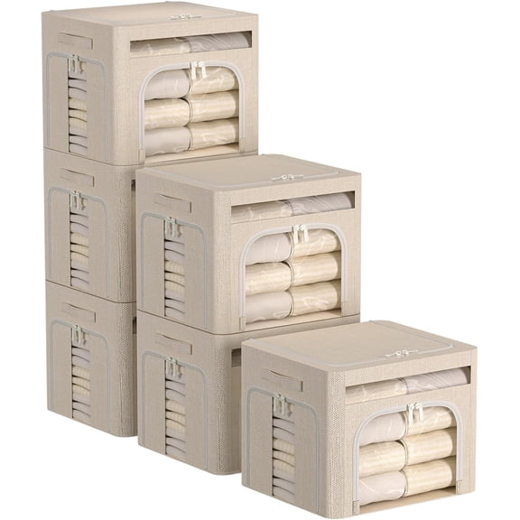 6 Pack Foldable Storage Bins for Clothes Clothes Storage Bins with Metal Frame Stackable Storage Box with Lid (Beige, 16.5x12.2x12.2 inch (40L))