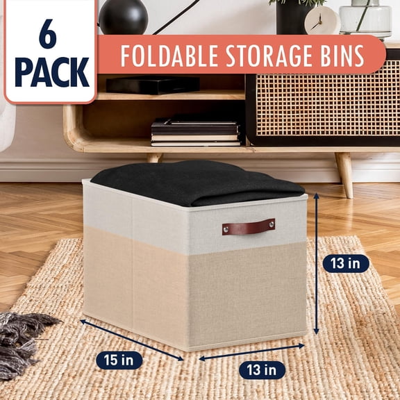 6 Pack Foldable Storage Bins with Leather Handles for Closet Organizer