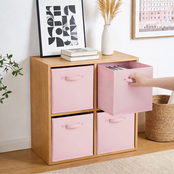 6 Pack Foldable Storage Cubes with Handles, Fabric Storage Bins for Closet Organizer Shelves, Large Open Storage Boxes for Clothes, Toys & Books, Collapsible Non-Woven Organizer Baskets (Pink)