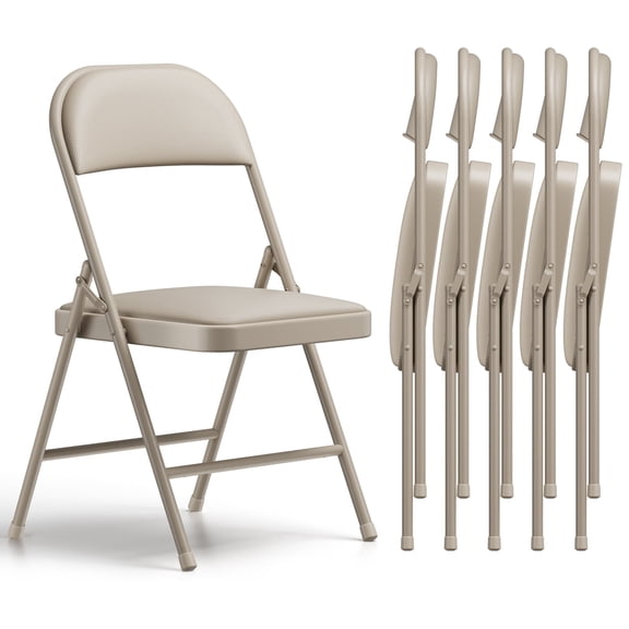6 Pack Folding Chairs with PU Leather Padded Cushion and Back, Stackable Commercial Grade Metal Folding Chairs for Home and Office Indoor and Outdoor Events (Khaki)