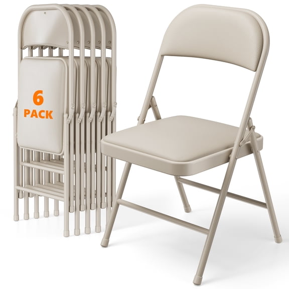 6 Pack Folding Chairs with PU Leather Padded Cushion and Back, Stackable Commercial Grade Metal Folding Chairs for Home and Office Indoor and Outdoor Events (Khaki)