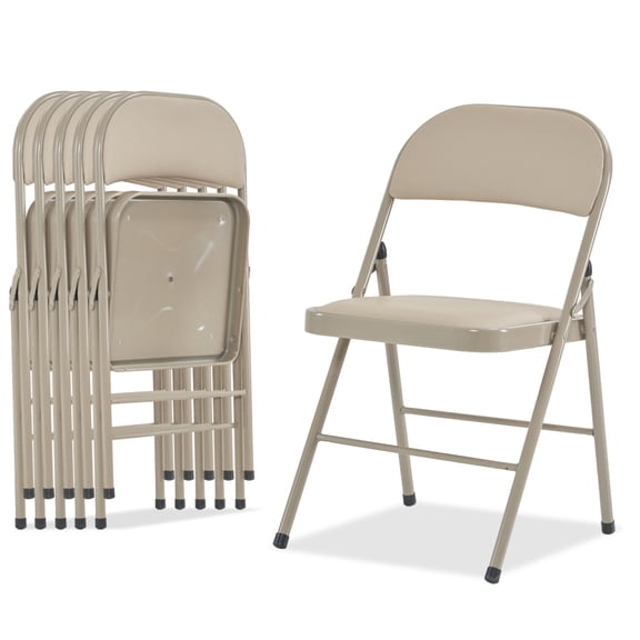 6 Pack Folding Chairs with Padded Cushion, Portable Stackable PVC Chairs with Metal Frame, Commercial Foldable Chairs for Office Wedding Kitchen Dining, 330lb Capacity, Light Brown