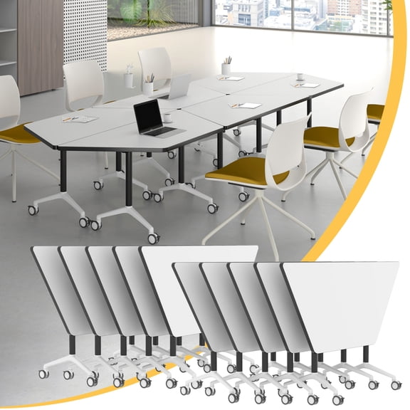 6 Pack Folding Conference Table,47.3In Modular Conference Room Tables with Wheels,White Meeting Table Flip Top Mobile Training Table,Modern Seminar Boardroom Tables for Office School-T Shaped