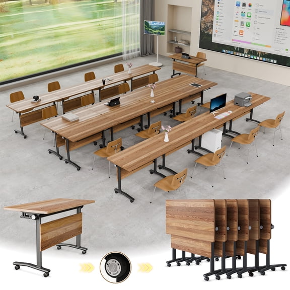 6 Pack Folding Conference Table, 61 Inch Mobile Training Table with Wheels,Business Style Flip Top Seminar Tables for Small Office Meeting Room Classroom(Walnut)