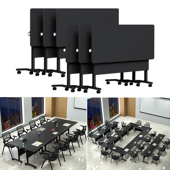 6 Pack Folding Conference Table, Conference Room Tables with Sheels Modern Flip Top Rolling Meeting Table Modular Training Room Tables for Office Seminar (55.1in,Black)