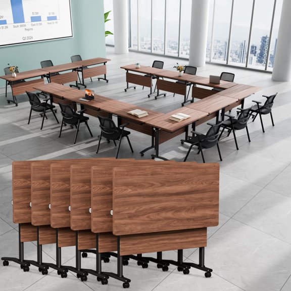 6 Pack Folding Conference Tables with Wheels,47.2in Flip Top Modular Conference Table,Space-Saving Training Table for Office Classroom Seminar(Walnut)