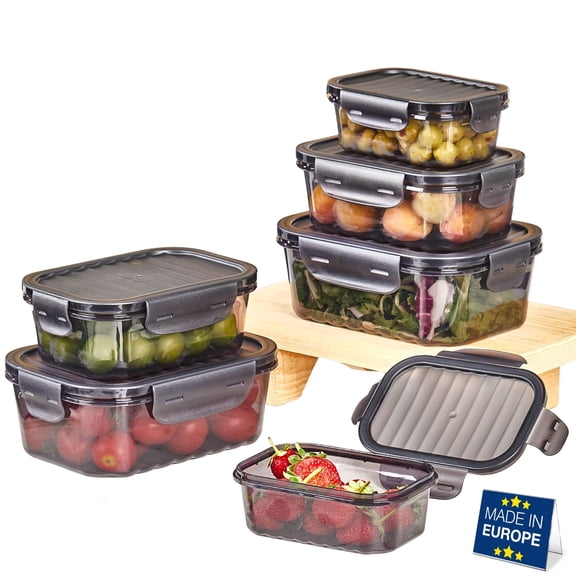 6-Pack Food Storage Containers, Airtight Locking Lids, Stackable Leakproof Prep Boxes, Clear Black