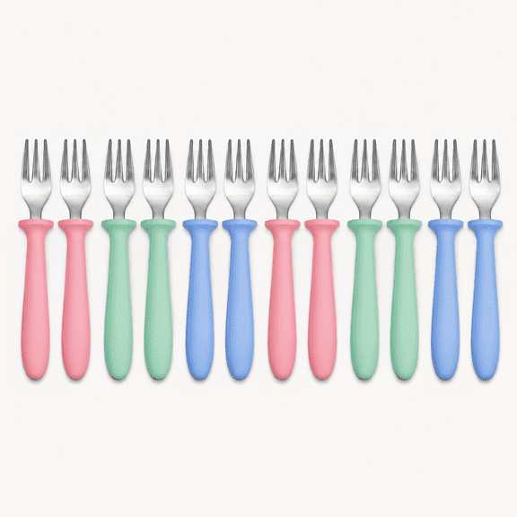 6-Pack Forks, 18/8 Stainless Steel with Plastic Handles | Rounded tines, mouth guard design, easy-grip size, for self-feeding