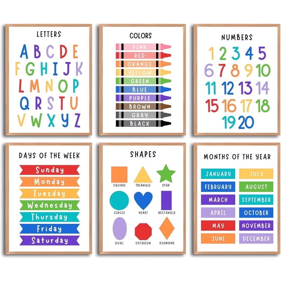 6-Pack Frameless Educational Classroom Posters - Alphabet, Numbers, Days, Months, Colors, Shapes - Durable Laminated Learning Aids for Teachers - 8x10 Inches