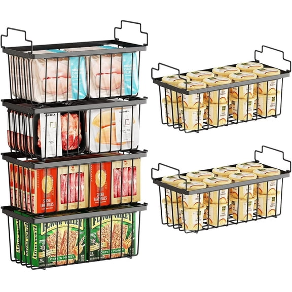 6 Pack Freezer Organizer Bins,Deep Refrigerator Baskets for 5 to 7 Cu.Ft, Stackable Wire Chest,Pantry Cabinet Organizer Bins for Small Food, Strong Metal with Handles for Meat and Veggies,Black