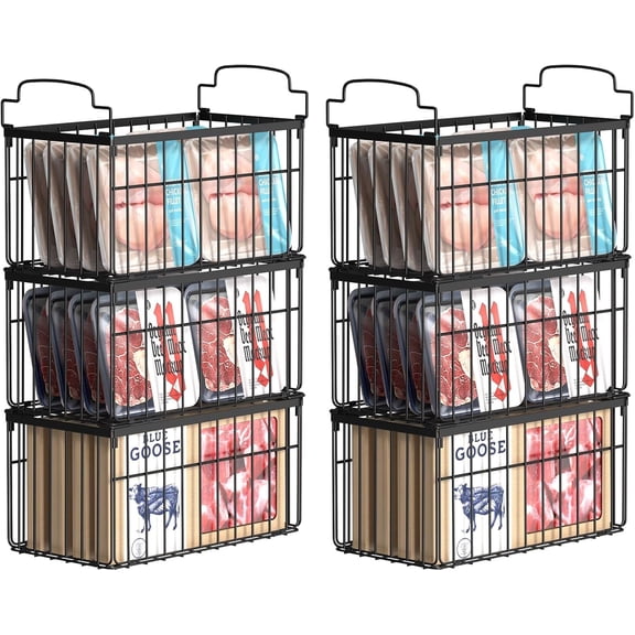 6 Pack Freezer Organizer Bins,Stackable Deep Chest Freezer Organizer Bins, Foldable Baskets with Handles, Black Storage Container Baskets for 5/ 7 Cu.FT Deep Freezer Sort Frozen Meats