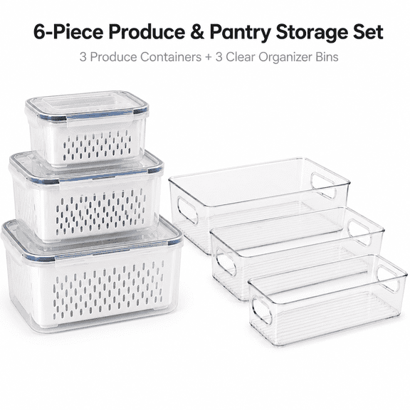 6 Pack Fridge Organizer Bins and Produce Containers, 3 Airtight Fruit Storage Containers with Removable Colanders, 3 Clear Pantry Bins with Handles for Refrigerator, Kitchen and Food Storage
