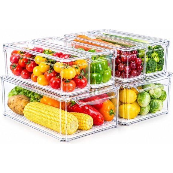 6 Pack Fridge Organizer Bins with Lids, Stackable Clear Storage