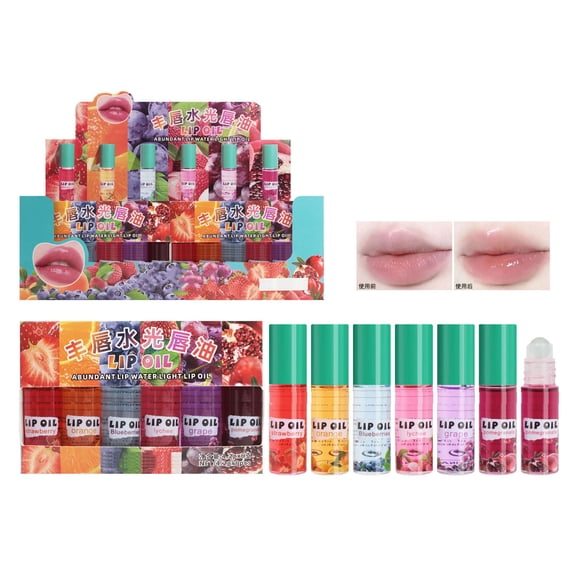 6-Pack Fruit Flavored Water Light Lip Oil Set, Hydrates and Creates Glossy Plump Lips, Gentle Formula, Ideal for Daily Lip Care and Makeup