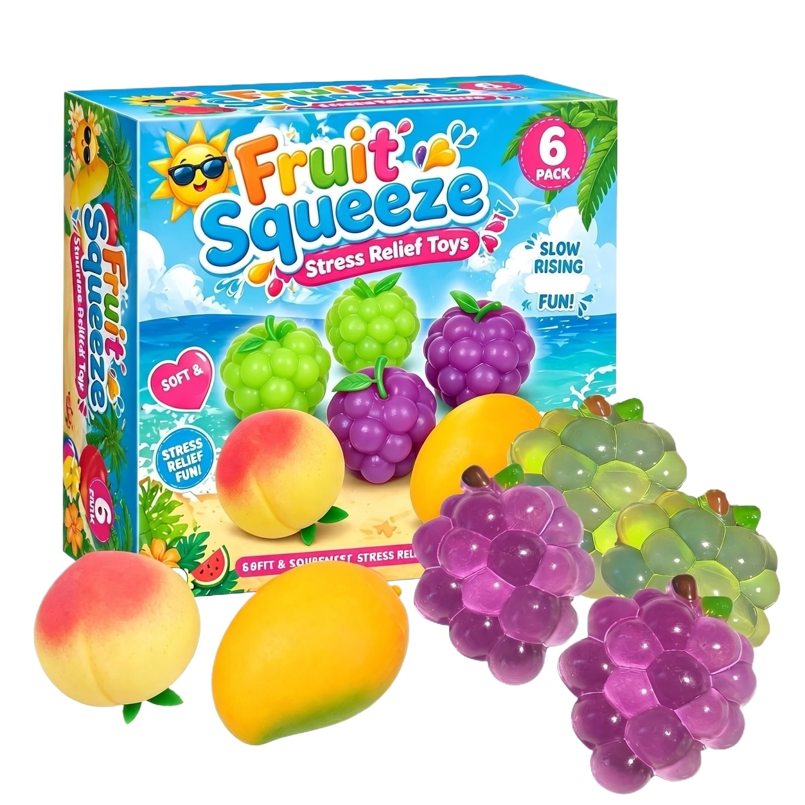 6 Pack Fruit Squishy Toys - Soft Fruit Shaped Slow Rising Fruit Squeeze Stress Balls ,  Sensory Stress Relief Fidget Toys for Kids & Adults