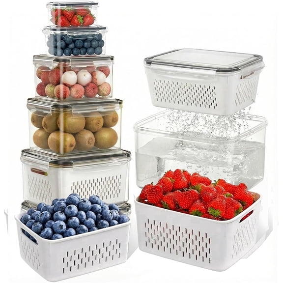 6 Pack Fruit Storage Containers for Fridge with Removable Colander, Leakproof Produce Keeper for Berries, Vegetables & Salad, All-in-One Wash & Store Food Containers, BPA Free