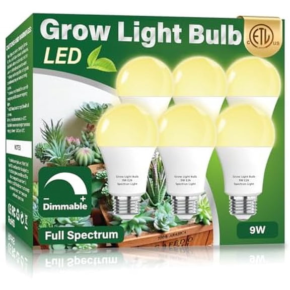 6 Pack Full Spectrum Grow Light Bulbs,A19 Grow Lights for Indoor Plants,Dimmable E26 9W Grow Bulb Replace up to 100W,Plant Lights for Indoor Growing,Flowers,Greenhouse,Indore