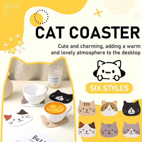 6-Pack Funny Cat-Shaped Silicone Coasters Heat-Resistant & Non-Slip Potholders For Coffee Table Restaurant Decoration Beverage & Tea Service Home & Wedding Gifts