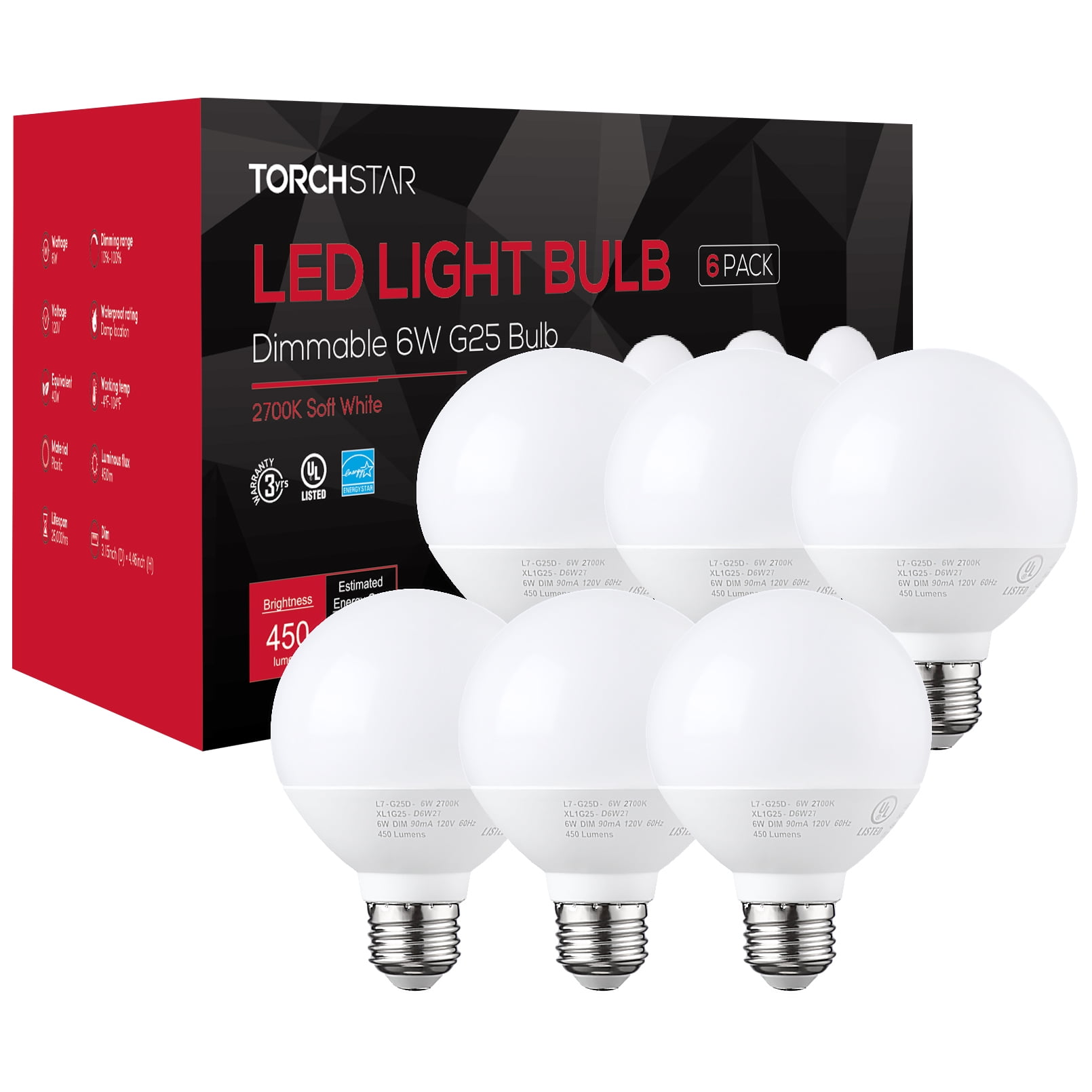 6 Pack G25 Globe Light Bulbs, LED Bathroom Bulbs, 40W Decorative Bulb ...