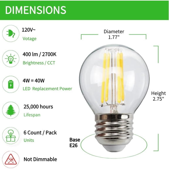 6-Pack G45 E26 LED Small Globe Bulbs 40Watt Equivalent, 2700K Warm White, 400Lumens, 4W G16.5 Vintage Chandelier Light Bulbs, Non-Dimmable, LED Filament Clear Glass Candle lamp for Home Office Decor