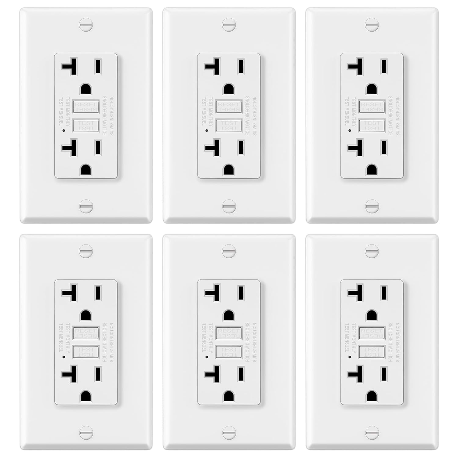 6 Pack GFCI Outlets 20 Amp, Non-Tamper Resistant, Decor GFI Receptacles with LED Indicator, Ground Fault Circuit Interrupter, Wallplate Included, ETL Listed, White