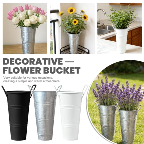 6-Pack Galvanized Tin Flower Buckets, 10 Inch Farmhouse Style Metal Vases with Handles for Flower Bars, Table Centerpieces & Home Garden Decor, Rustic French Tin Planter Buckets Black
