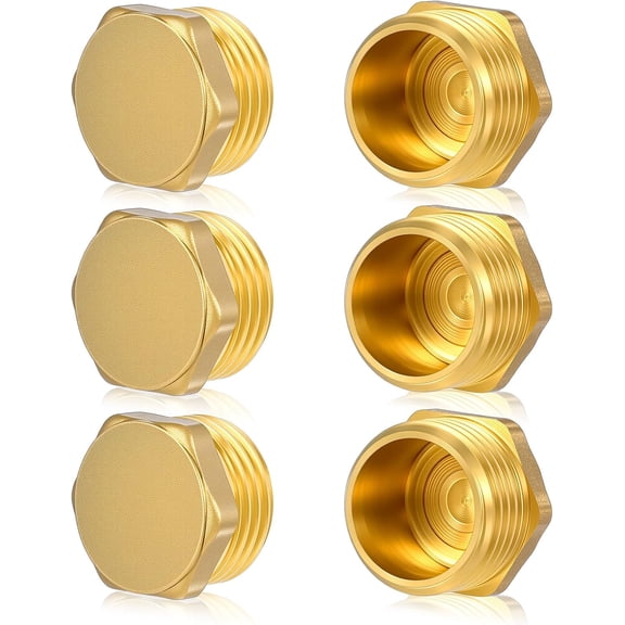 6 Pack Garden Hose End Caps with Washers 1/2 Inch GHT Male Threaded End Cap Brass Male Spigot Cap Golden Round Style for Outdoor Faucet Protection