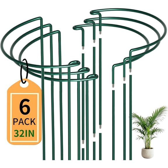 6-Pack Garden Plant Support Cages,14"Diax32"H Heavy Duty Interlinked Half Round Peony Rings,Metal Stakes for Peony,Tomato,Hydrangea,Rose,Indoor & Outdoor Supports